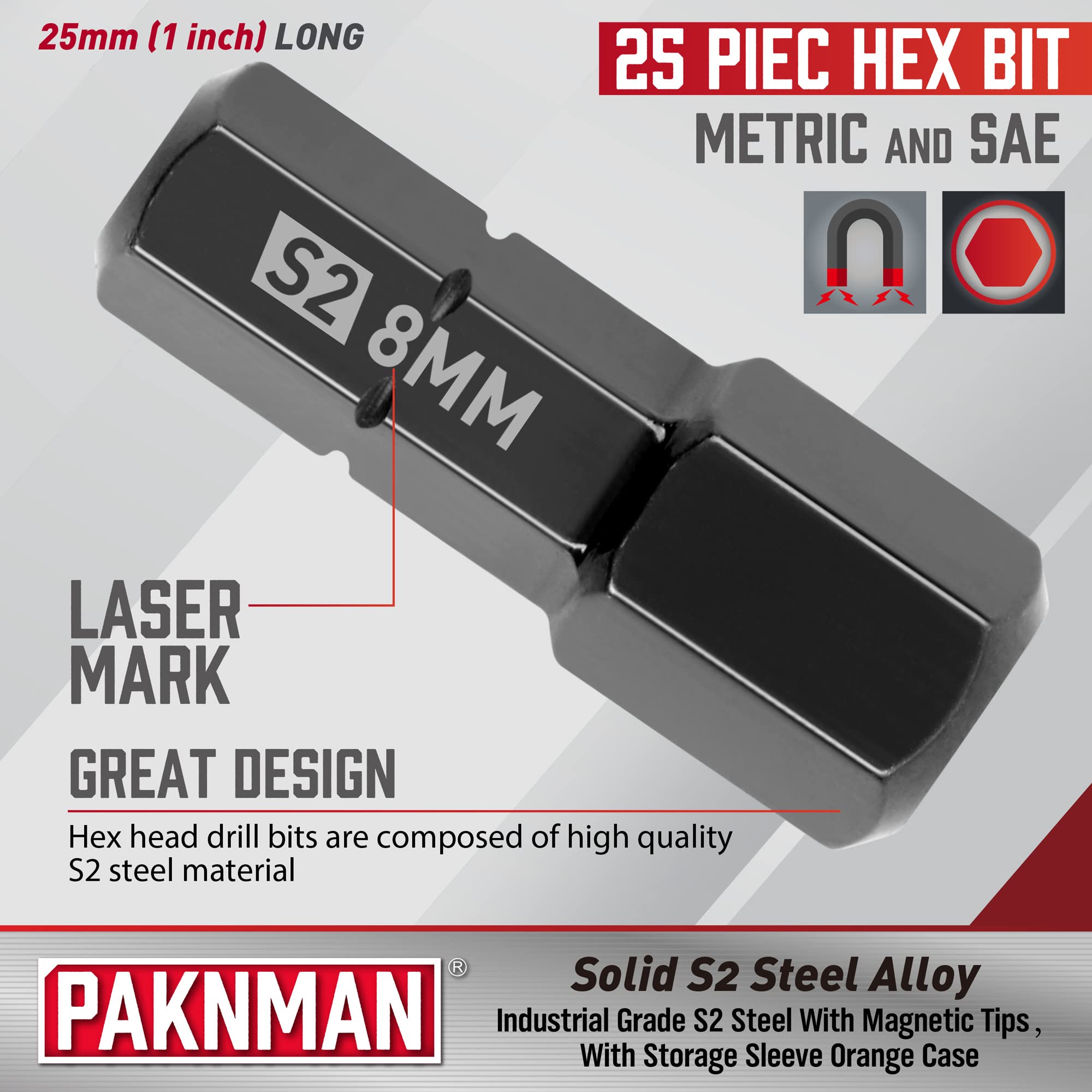 PAKNMAN 25-Piece Hex Head Allen Wrench Drill Bit Set, 1/4